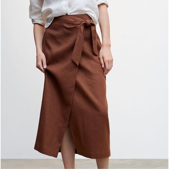 Mango Dresses & Skirts - MNG Mango Midi Skirt Linen wrap Large Brown  Curved Tie Front Pencil Minimal L